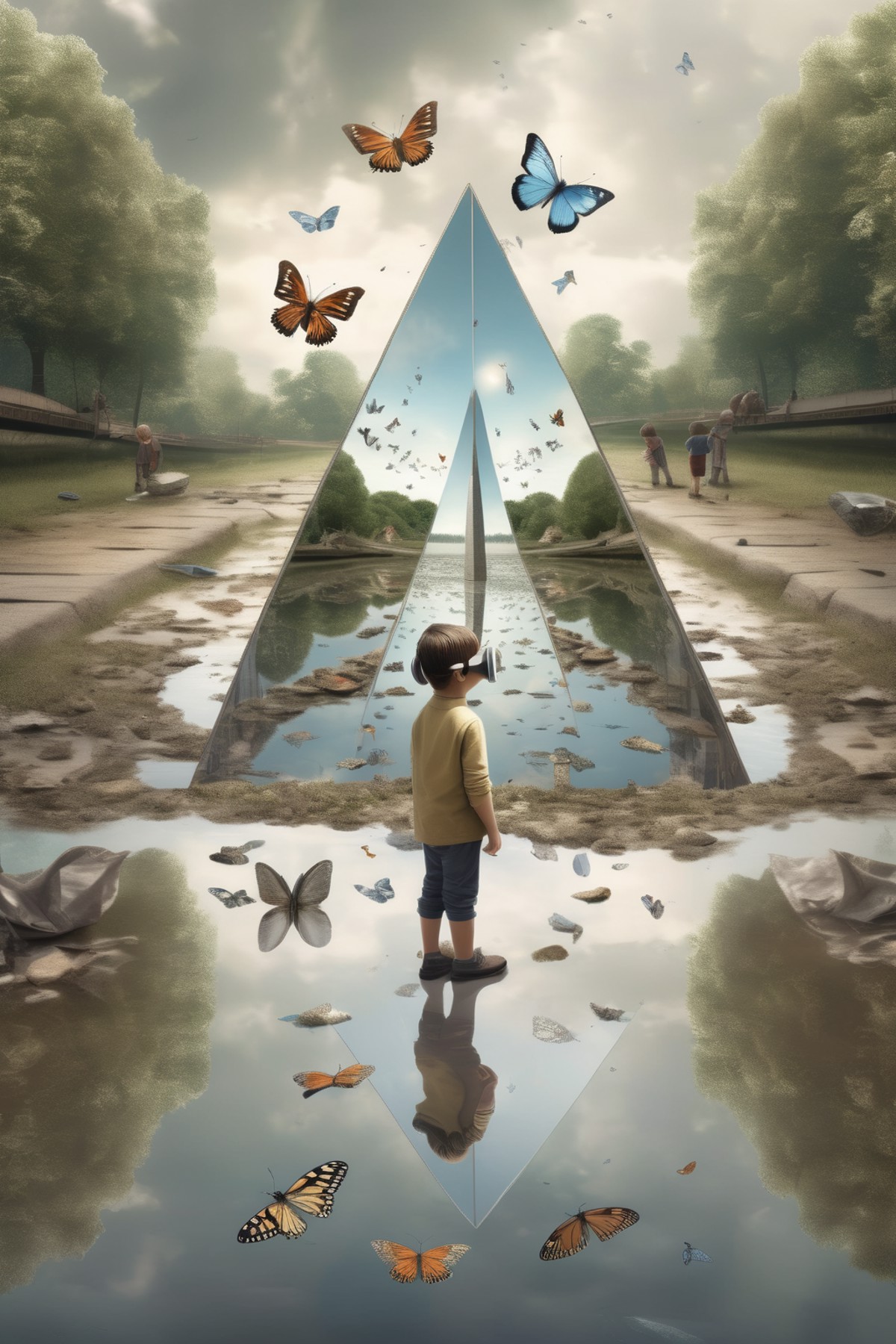 <lora:Erik Johansson Style:1>Erik Johansson Style - a kid withgoggles looking at mirrored object in the shape of obelisk t...